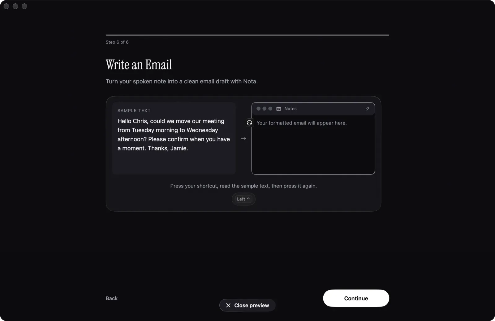 Nota onboarding step Write an Email, with a sample email to read aloud and a Notes window where the formatted draft appears