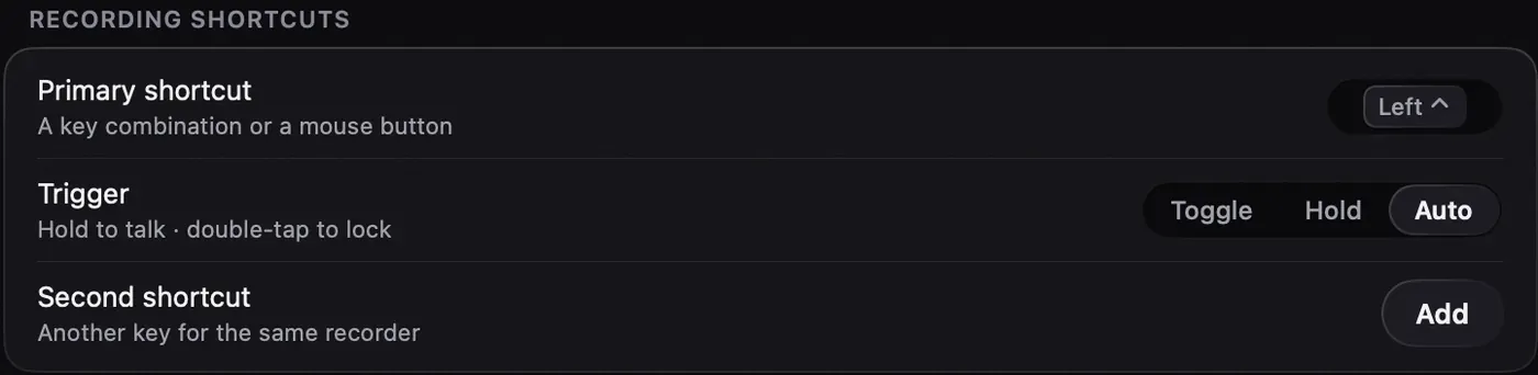 Nota's Recording shortcuts settings in dark mode: Primary shortcut set to Left Control, Trigger set to Auto with Toggle and Hold as the other options, and an Add button for a second shortcut