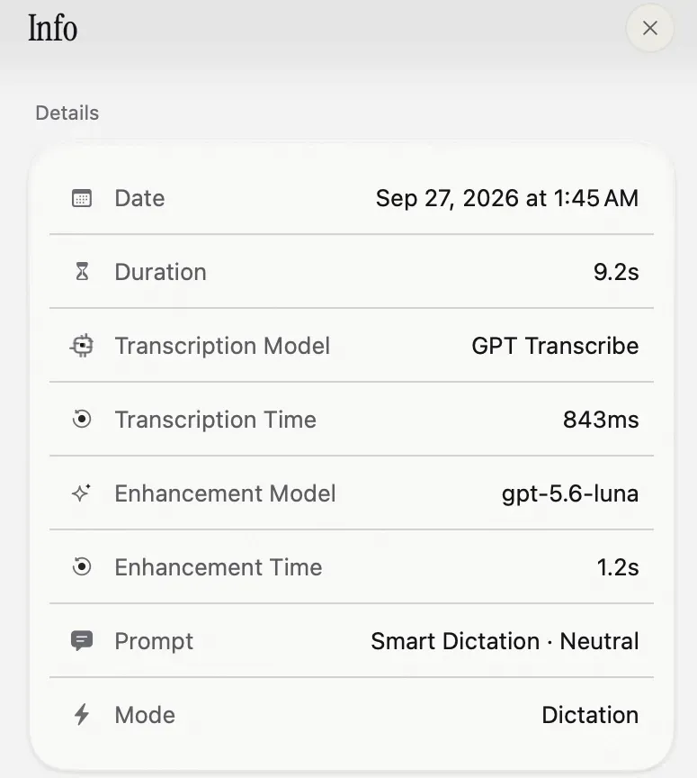 Nota History Info panel for one entry: date, duration 9.2 s, transcription model GPT Transcribe, transcription time 843 ms, enhancement model gpt-5.6-luna, prompt Smart Dictation Neutral, mode Dictation