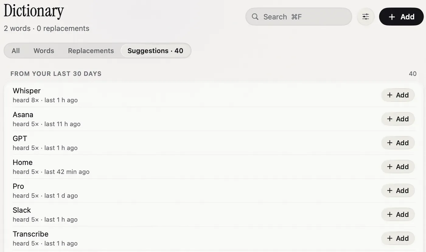 Nota Dictionary suggestions listing words heard often in the last 30 days, each with an Add button