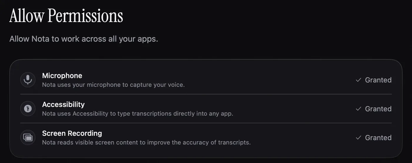 Nota's permissions screen with Microphone, Accessibility and Screen Recording marked Granted