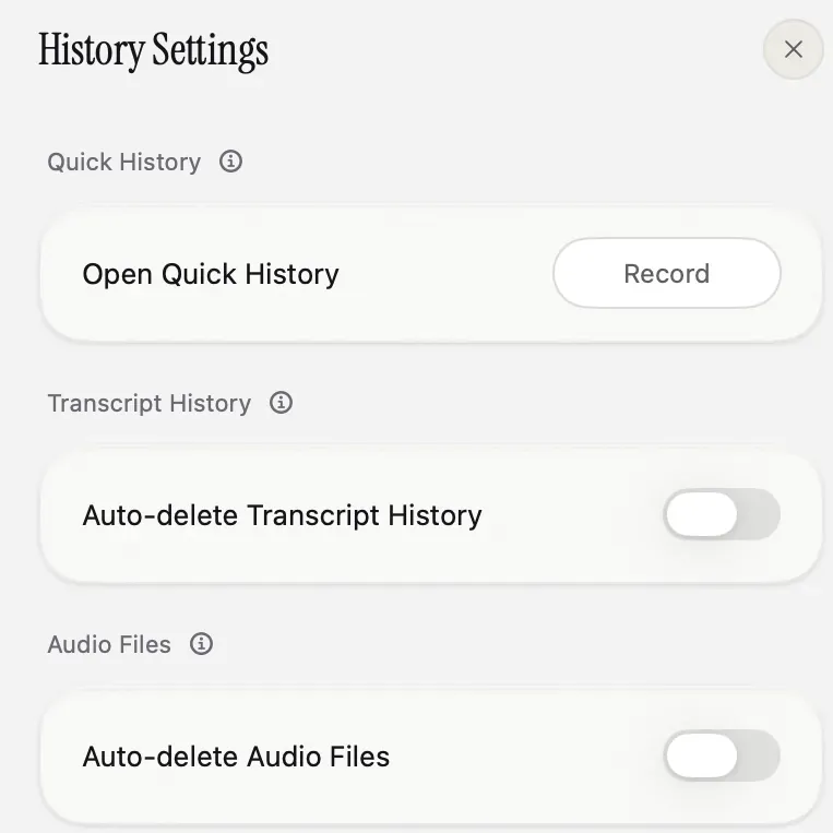 Nota's History Settings panel with switches for Auto-delete Transcript History and Auto-delete Audio Files, both off, and a shortcut for Quick History