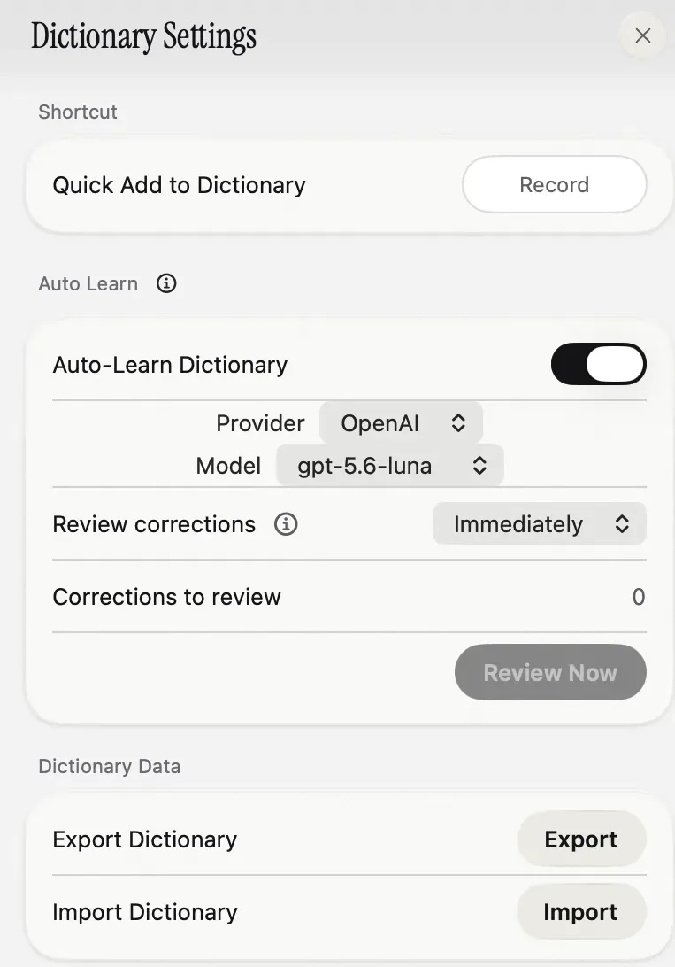 Nota Dictionary Settings with a Quick Add shortcut, Auto-Learn Dictionary switched on and review set to Immediately