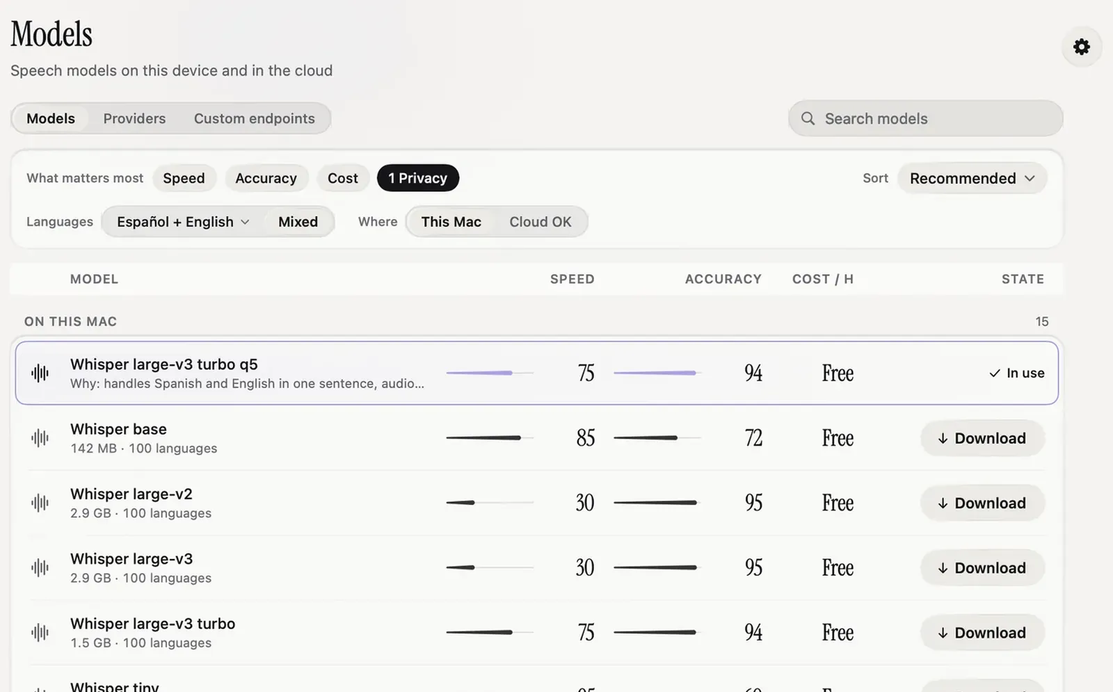 Nota Models page listing Whisper sizes (base, large-v2, large-v3, large-v3 turbo, tiny) with Download buttons and Free in the cost column