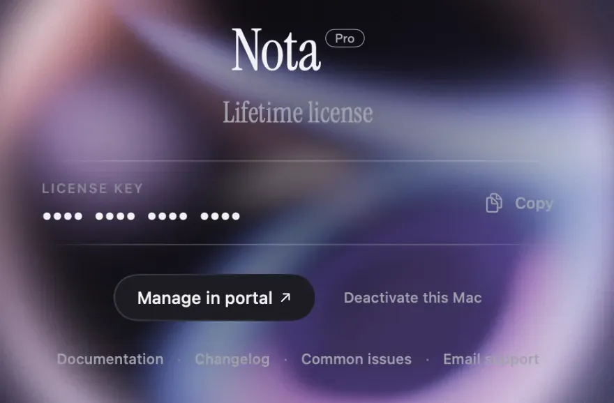 Nota's licence screen showing Nota Pro with a lifetime licence, the licence key masked as dots, and buttons to manage it in the portal or deactivate this Mac