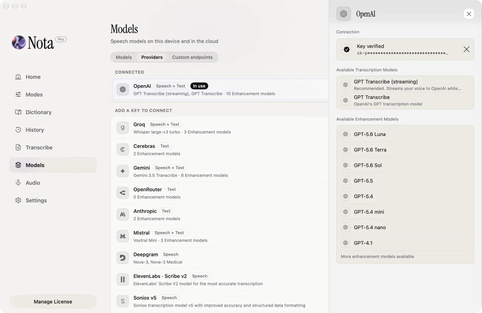Nota's OpenAI provider panel: Key verified with the key masked, transcription models GPT Transcribe (streaming) and GPT Transcribe, and a list of enhancement models