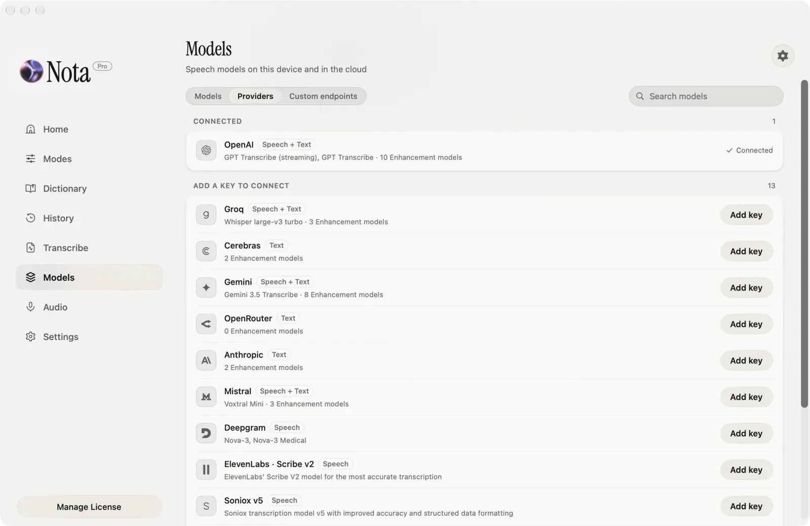 Nota's Models page, Providers tab: OpenAI connected; Groq, Cerebras, Gemini, OpenRouter, Anthropic, Mistral, Deepgram, ElevenLabs and Soniox listed with Add key buttons