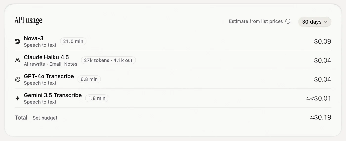 The API usage card on Home, listing models with their minutes or tokens and cost, and a total.