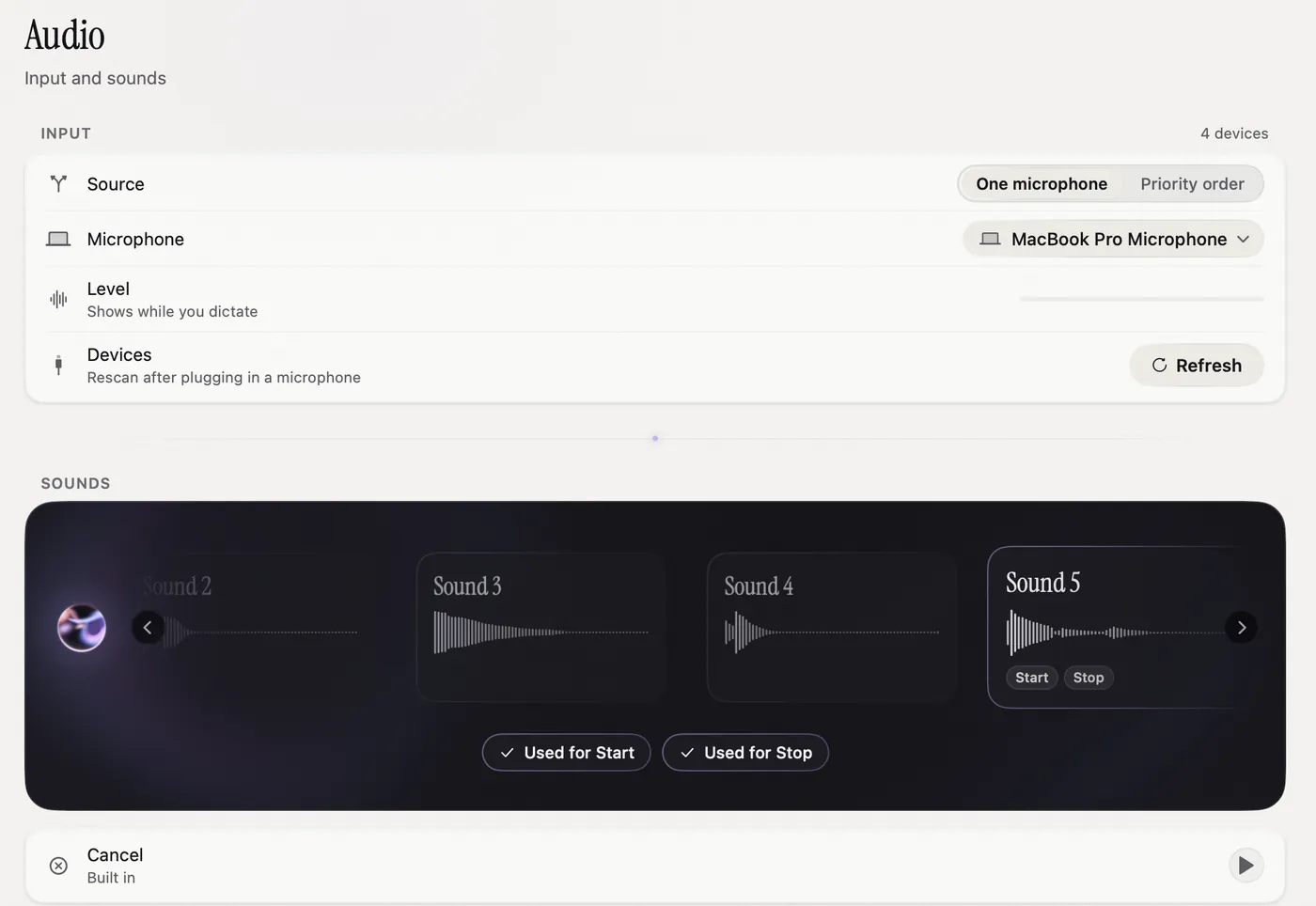 The Audio page: Input with Source, Microphone, Level and Devices, then the Sounds carousel.