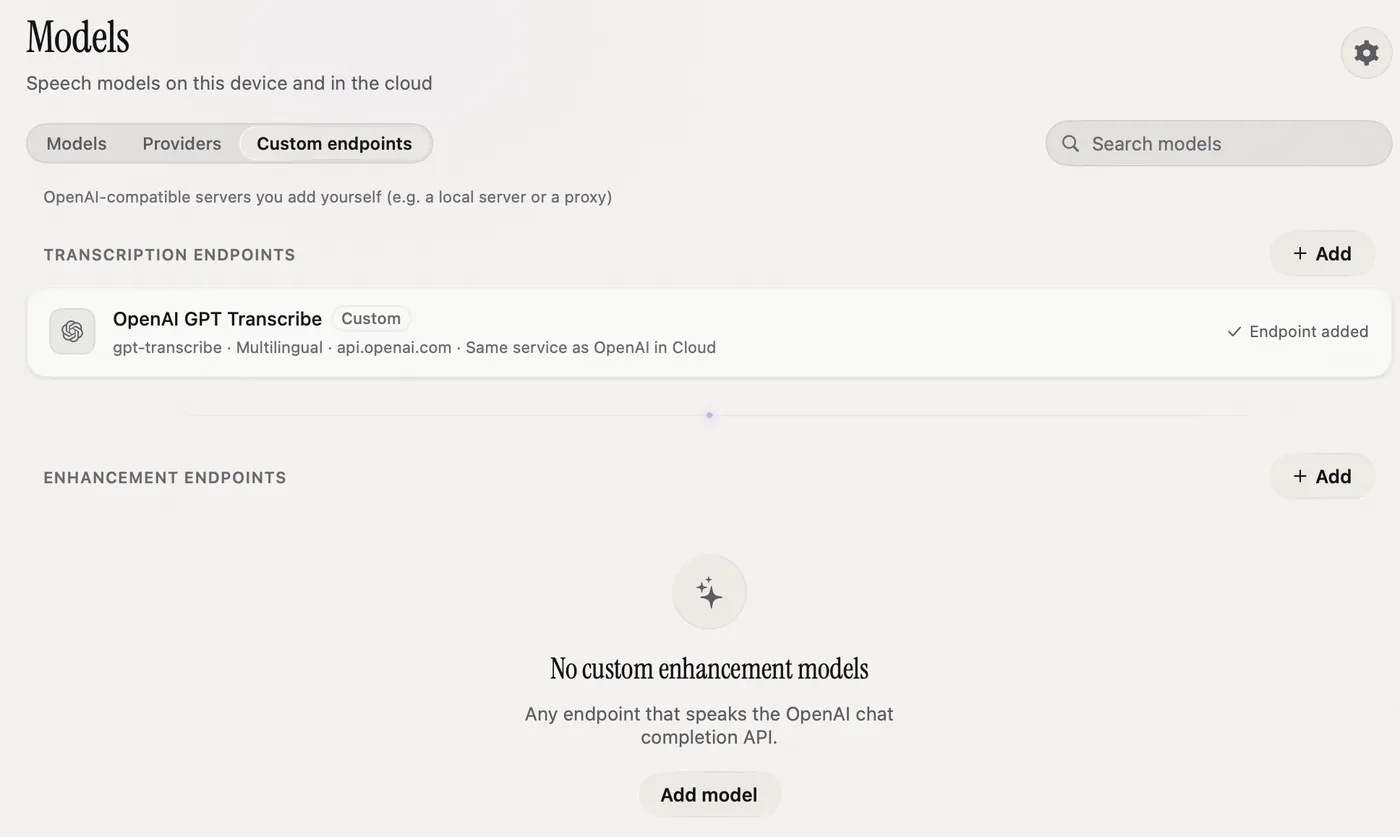 The Custom endpoints tab with one transcription endpoint added and no enhancement endpoints yet.
