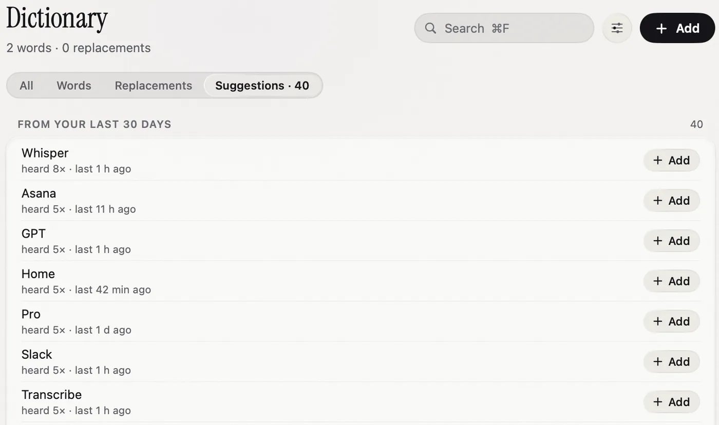 The Dictionary page on the Suggestions tab, listing words heard often in the last 30 days, each with an Add button.