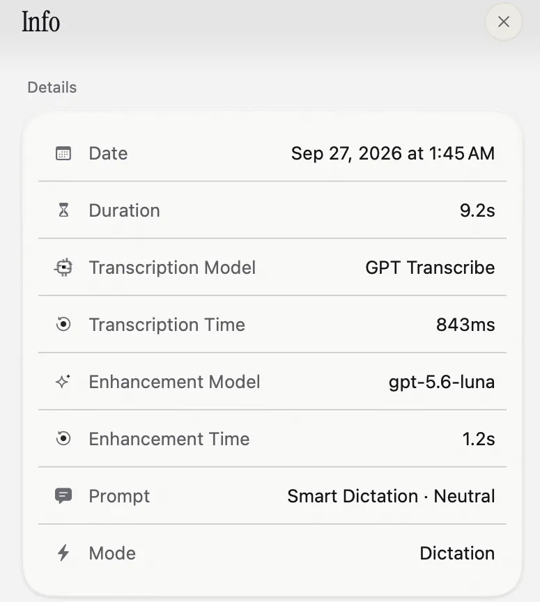 The Info panel: date, duration, transcription model and time, enhancement model and time, prompt and mode.