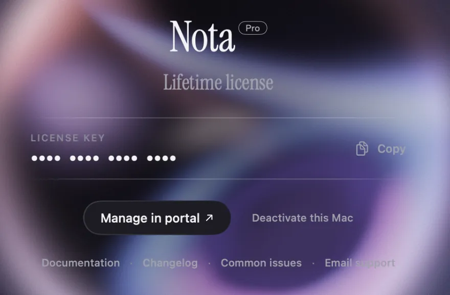 The license page for Nota Pro: Lifetime license, the key shown masked with a Copy button, Manage in portal, and Deactivate this Mac.