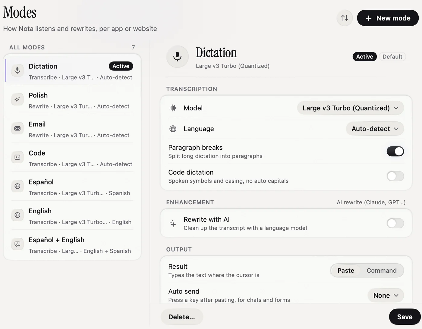 The Modes page: a list of modes on the left and the Dictation mode's settings on the right.