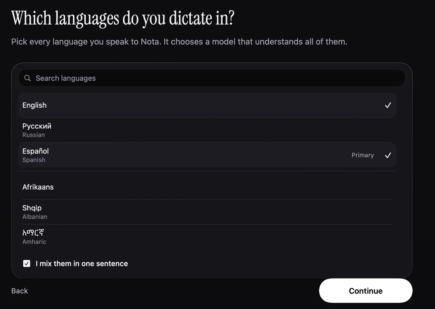 The setup step Which languages do you dictate in, with two languages checked and the option to mix them in one sentence.