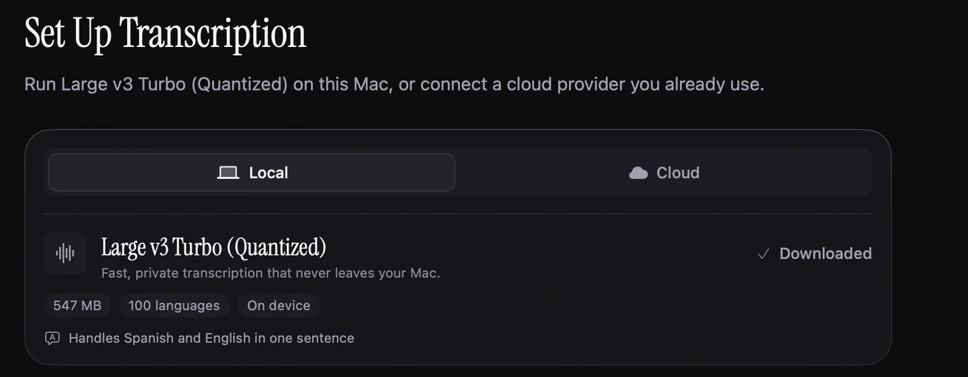The setup step Set Up Transcription, with a local model suggested for the chosen languages.