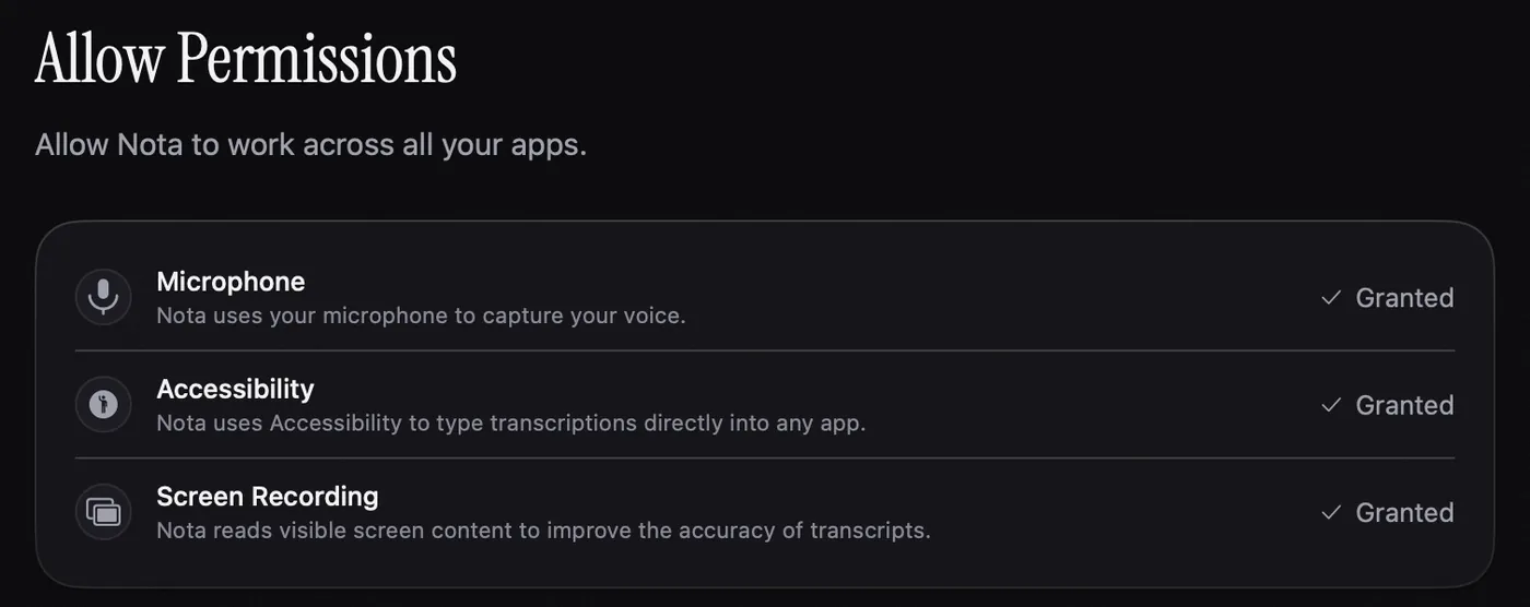 The Allow Permissions step with Microphone, Accessibility and Screen Recording, all granted.