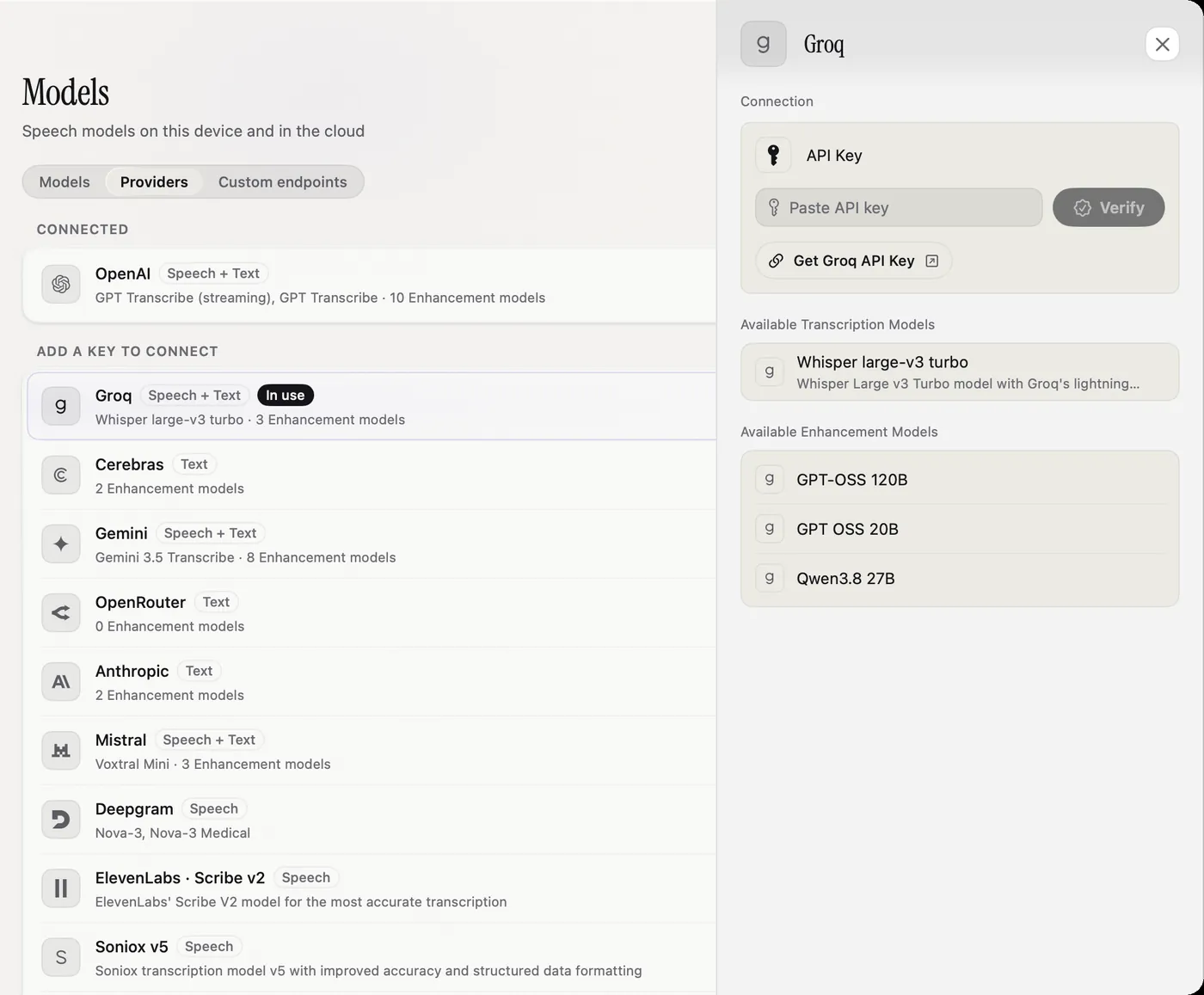 The Providers tab with the Groq panel open: a field to paste the API key, a Verify button, a link to get a key, and the models Groq offers.