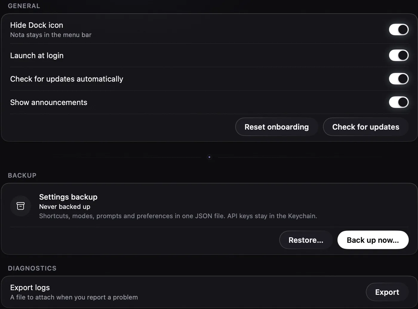 General settings, then Backup with Restore and Back up now buttons, then Diagnostics with Export logs.