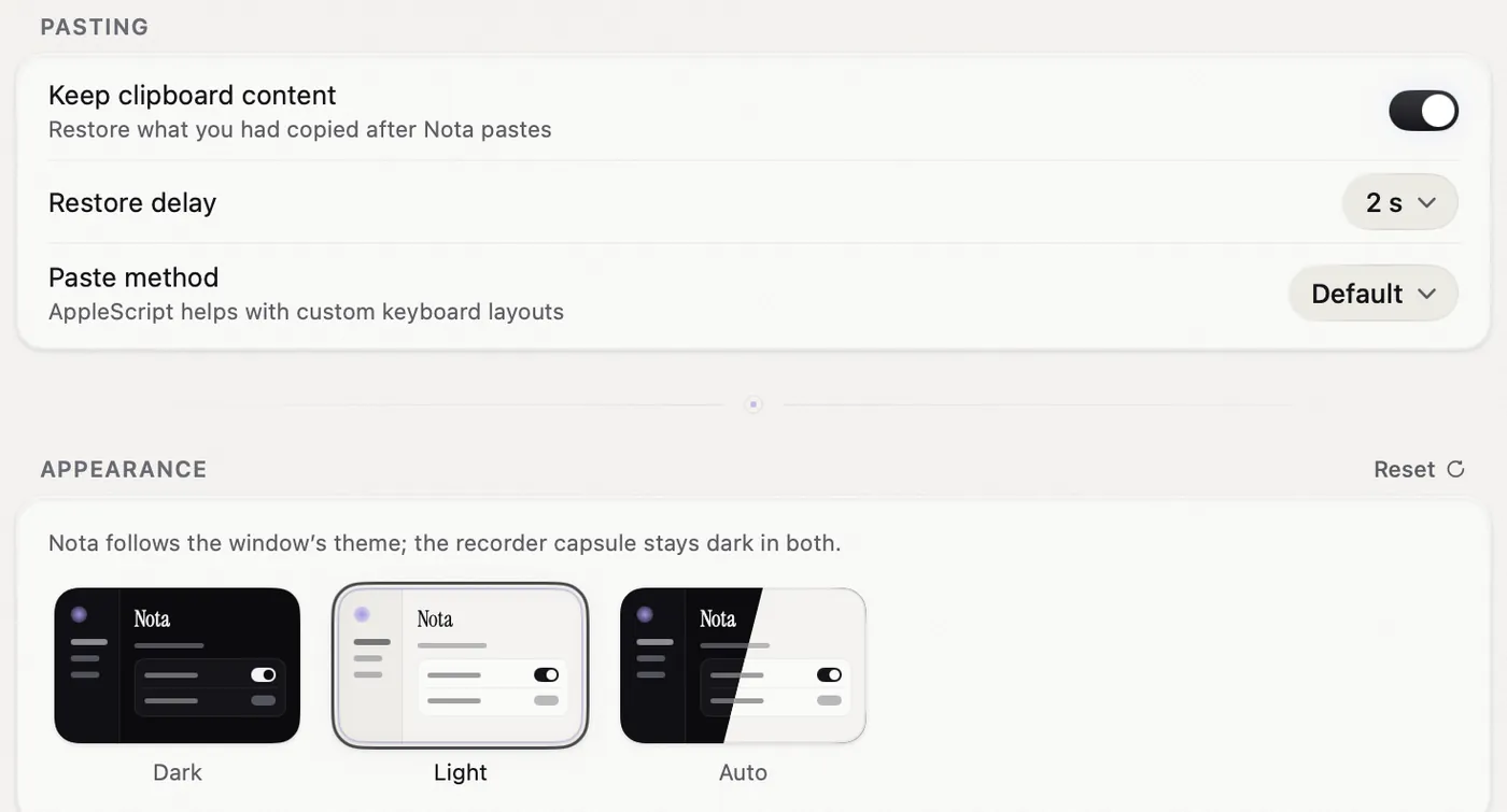 Pasting settings (Keep clipboard content, Restore delay, Paste method) and Appearance with Dark, Light and Auto.