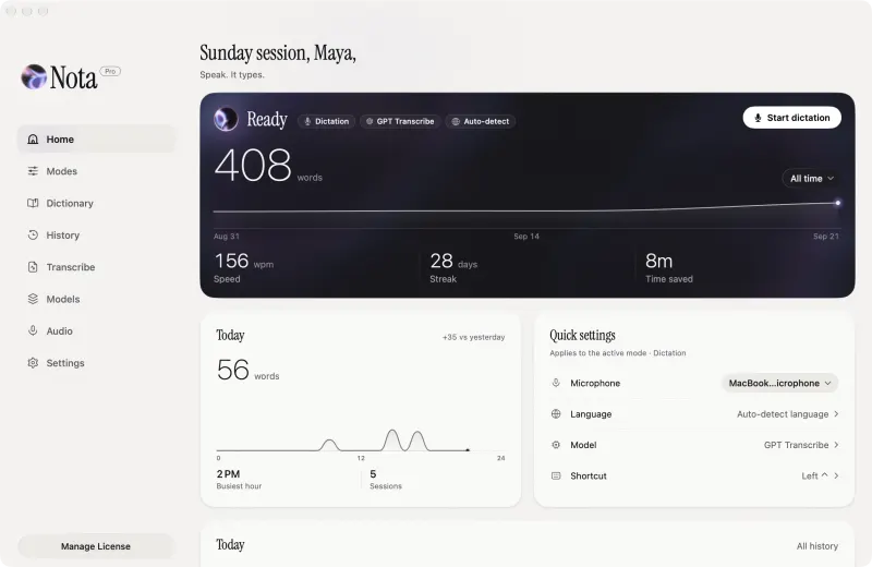 Home in the light theme, with the sidebar