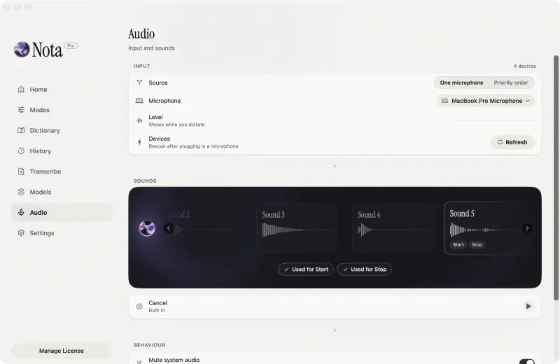 Audio: input devices and recorder sounds