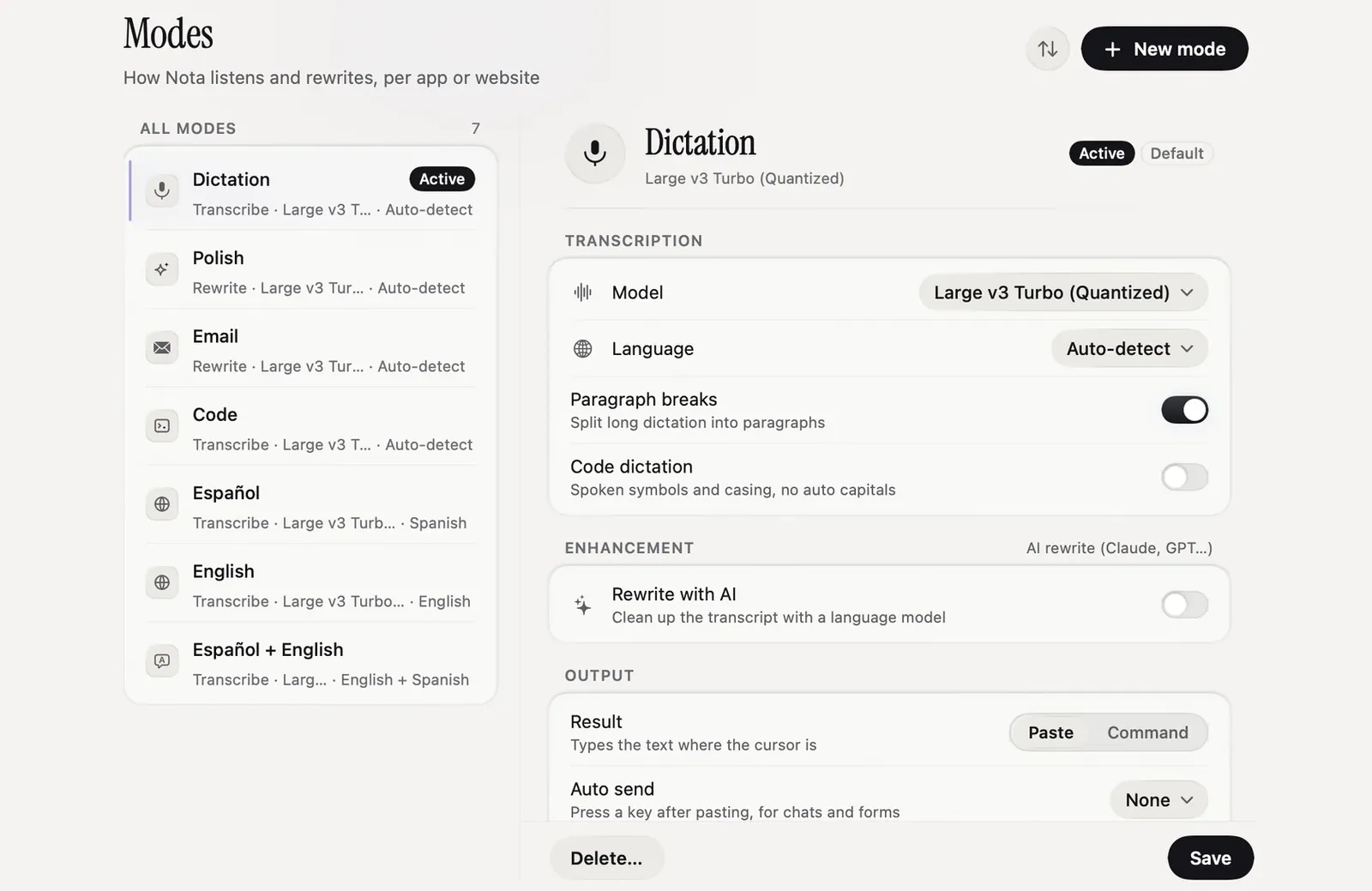 Nota's Modes screen: each mode has its own model, language and output