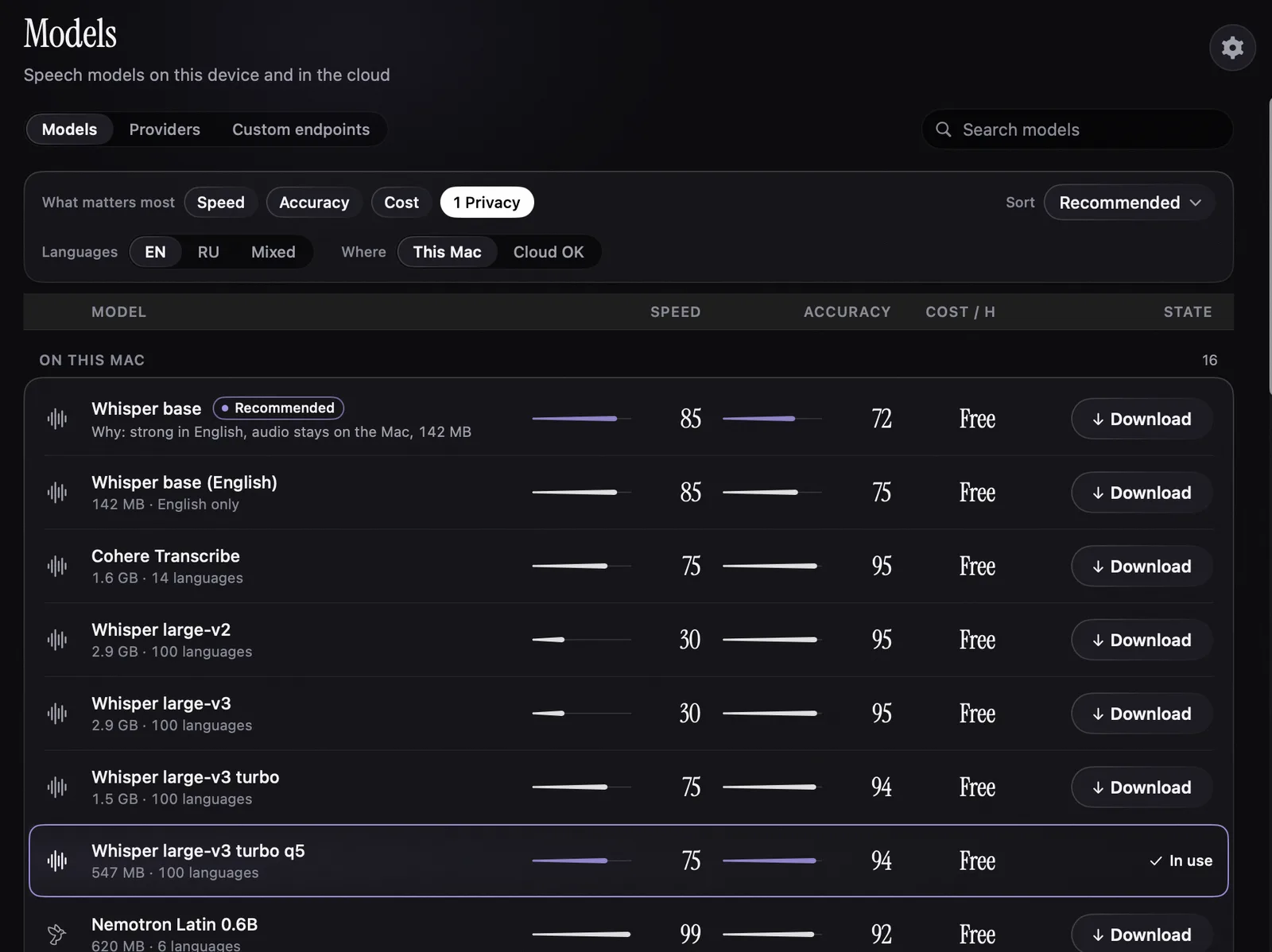 Nota's Models screen: speech models with speed, accuracy, cost per hour and state